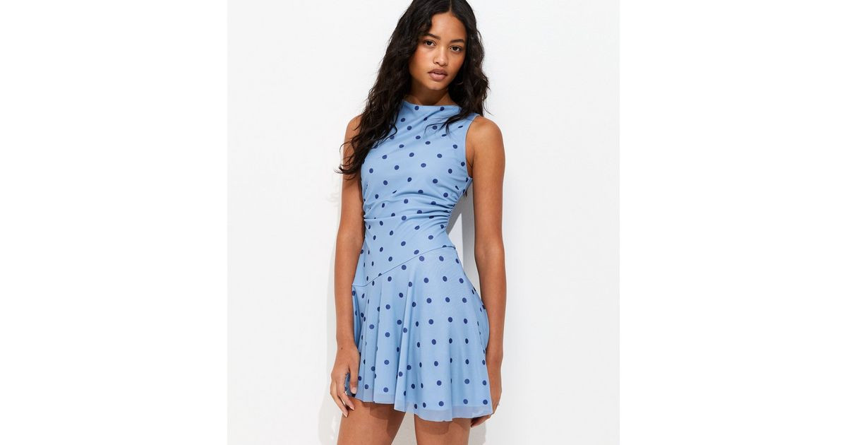 Blue Mesh Polka Dot Skater Mini Dress | New Look | New Look (UK)