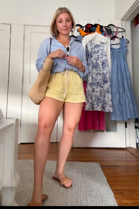 Striped button down blouse and pale yellow drawstring tie shorts 