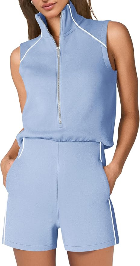 SENSERISE Rompers for Womens One Piece Jumpsuits Casual Sleeveless Half Zipper 2026 Summer Vacati... | Amazon (US)