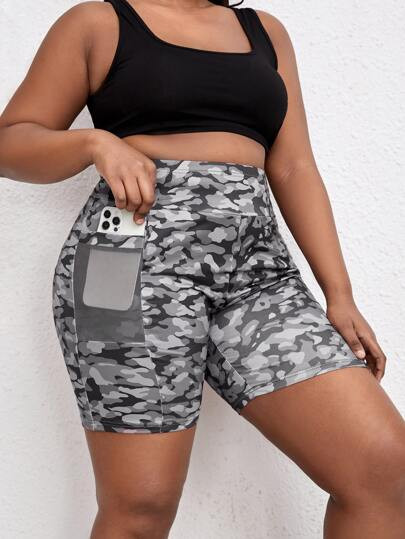 SHEIN SXY Plus Camo Print Biker Shorts With Phone Pocket | SHEIN
