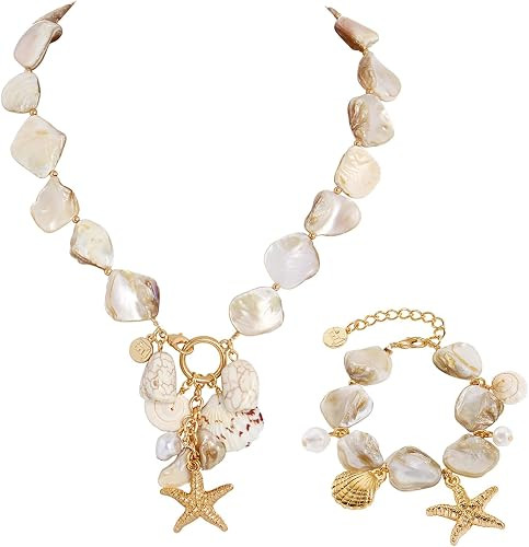 Natural Freshwater Shell Choker With Bracelet Pearl Starfish Turquoise Pendant Irregular Mother o... | Amazon (US)