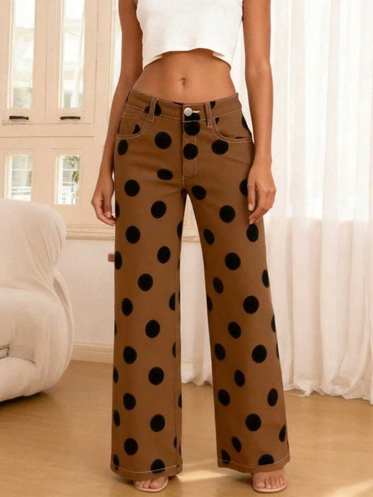 2025 New Bohemian Style Women's Fashion White Polka Dot Straight Leg Jeans | SHEIN
