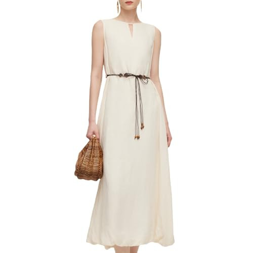 GOELIA Women's Summer Dresses 100% Ramie Bubble Hem Women Sleeveless Maxi Dress Boho Beach Wedding Vacation Sundress with Tie String Belt Pale Yellow | Amazon (US)