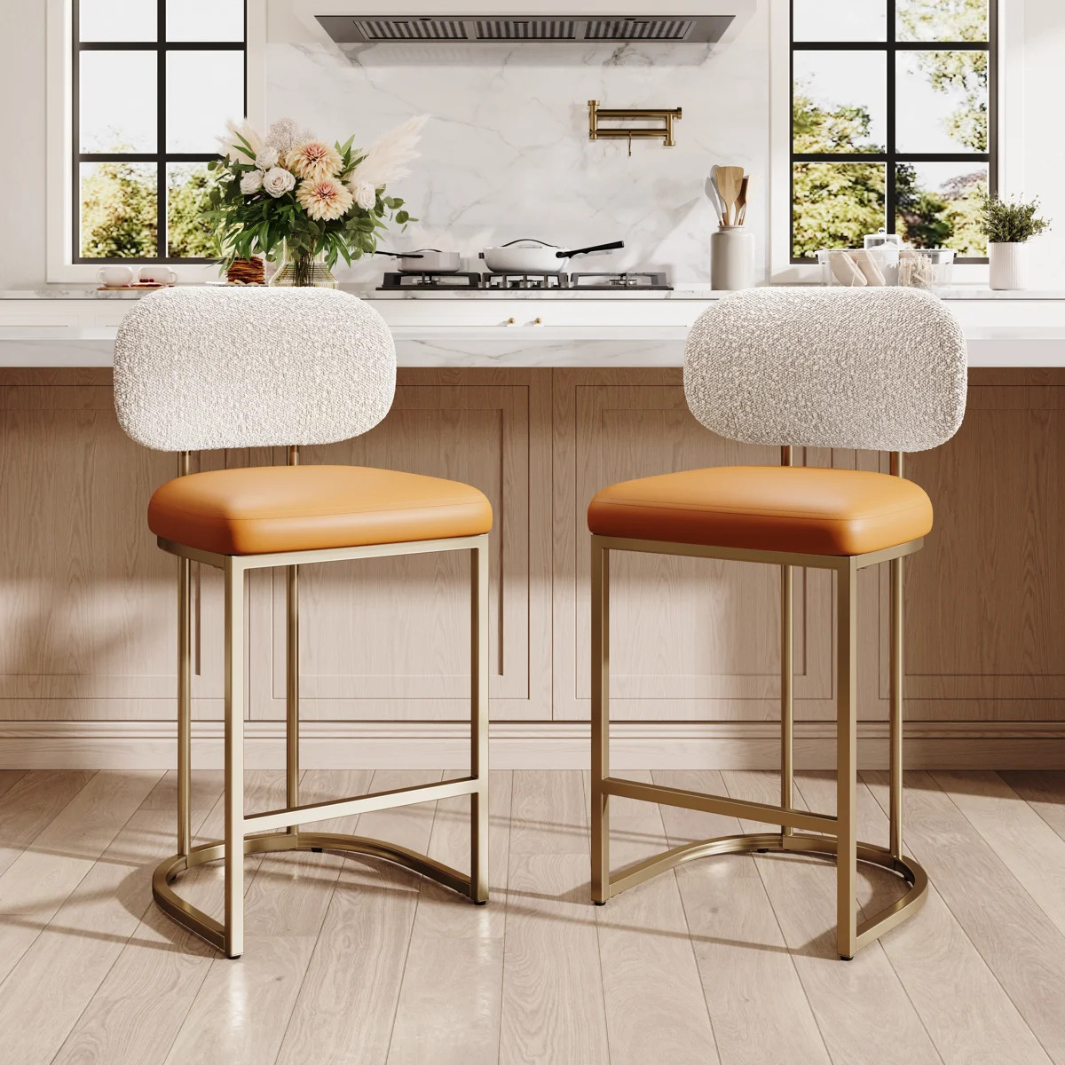 24" Upholstered Counter Height Stool with Faux Leather Seat and Gold Metal Frame (Set of 2) | Wayfair North America