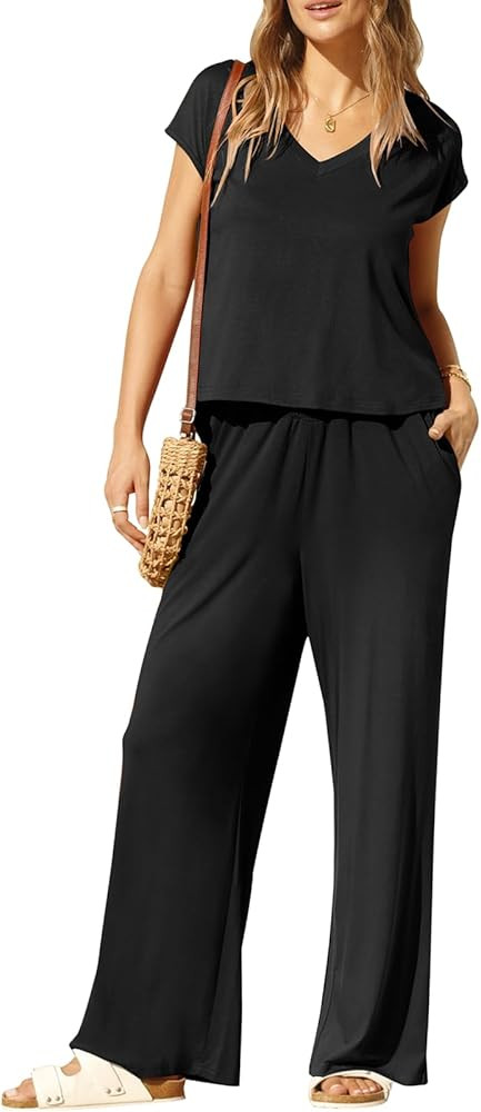 Yousify Women's Summer 2 Piece Outfits V Neck Short Sleeve Crop Top Wide Leg Pants Lounge Matchin... | Amazon (US)