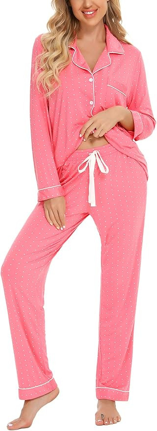 Senert Pajamas Set For Women Long Sleeve Sleepwear Soft Button Down Shirt with Long Pants Pj Loun... | Amazon (US)