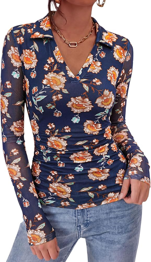 PRETTYGARDEN Women Long Sleeve Boho Floral Mesh Tops | Amazon (US)