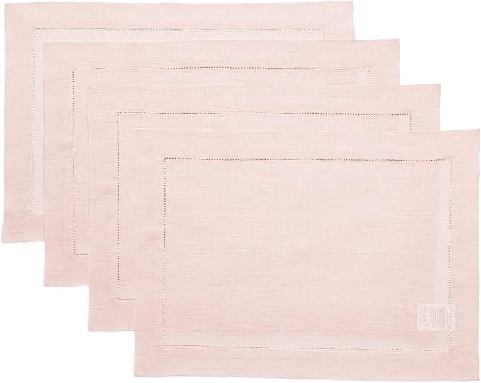 Solino Home Linen Placemats Set of 4 - Classic Hemstitch Pink Placemats 14 x 19 Inch - 100% Pure ... | Amazon (US)