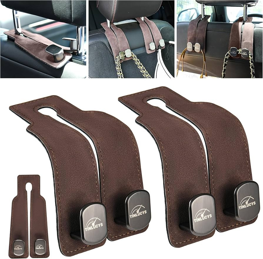 Tinlucys Car Seat Headrest Hook 2 Pack, Universal Vehicle Bag Holder, Brown Suede Purse Coat Fit ... | Amazon (US)