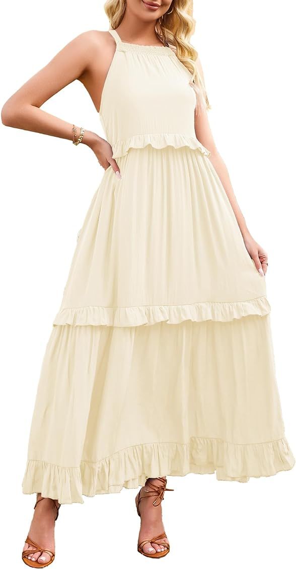 SDEER Women's Halter Sundress Sleeveless A Line Tiered Flowy Swing Beach Ruffle Maxi Dresses | Amazon (US)
