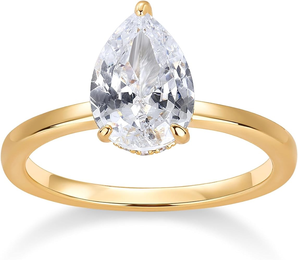PAVOI 14K Gold Plated Simple 2.5CT Pear Cubic Zirconia Hidden Halo Eternity Ring Fake Bridal Wedd... | Amazon (US)