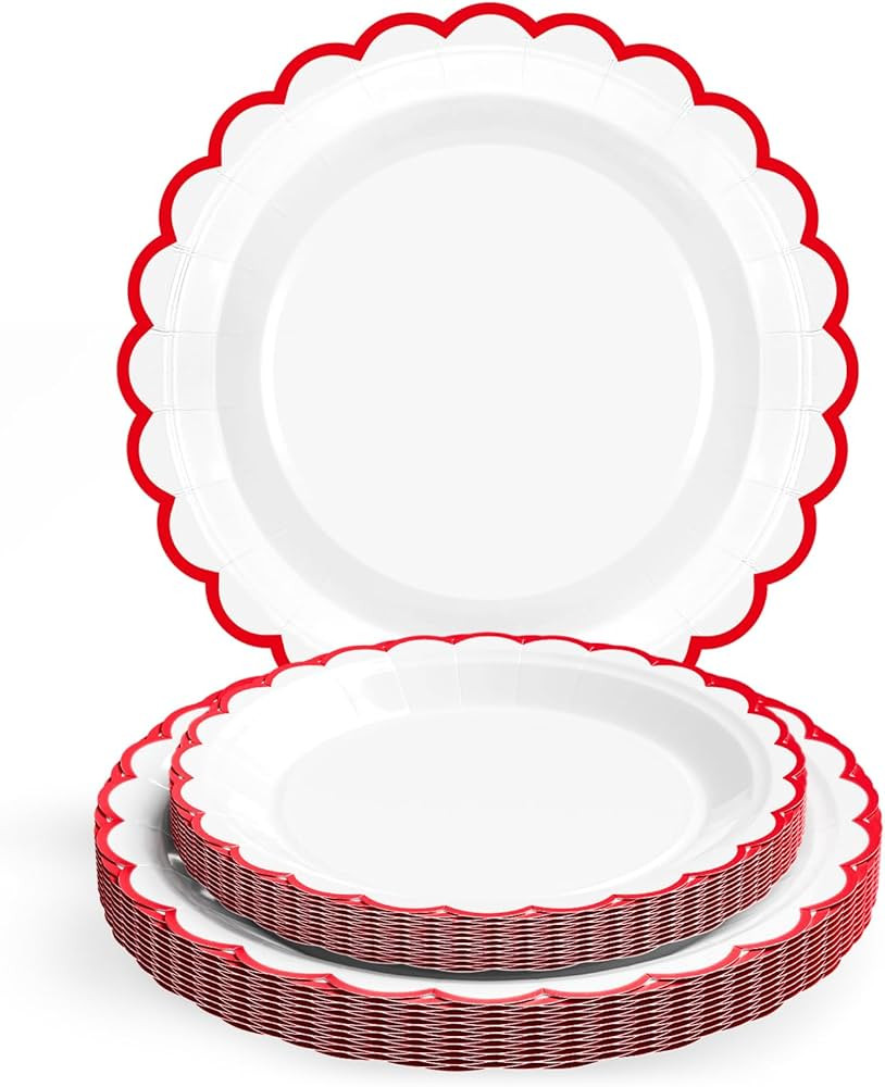 30 Pcs Red and White Paper Plates; 15 x 7 inch & 15 x 9 inch White Disposable Plates with Red Tri... | Amazon (US)