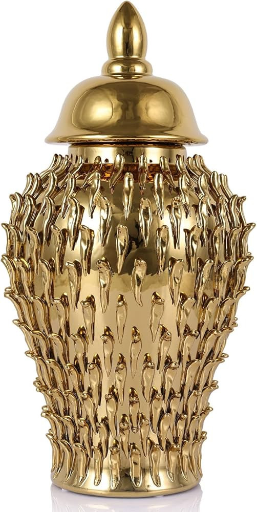 15" Gold Ginger Jar for Home Decor, Luxury Ceramic Vase with Lid, Modern Decorative Container for... | Amazon (US)