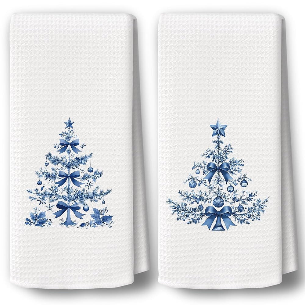 Chinoiserie Christmas Kitchen Towels Decor Set of 2 - Blue Christmas Tree Holiday Hand Tea Towels... | Amazon (US)