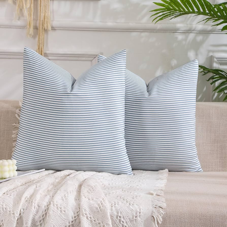 Light Blue Boho Striped Pillow Covers 18x18 Farmhouse Outdoor Pillow Covers Blue Room Decor for C... | Amazon (US)