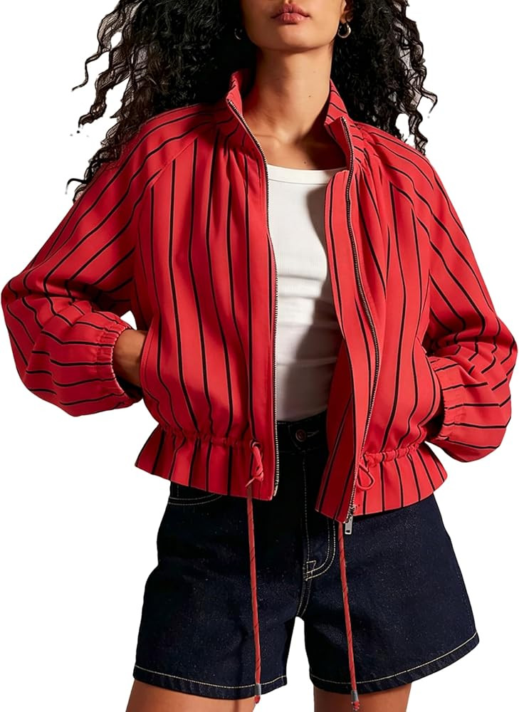 Womens Stripe Bomber Jacket Long Lantern Sleeve Lapel Drawstring Waist Zip Casual Ruffle Hem Shac... | Amazon (US)