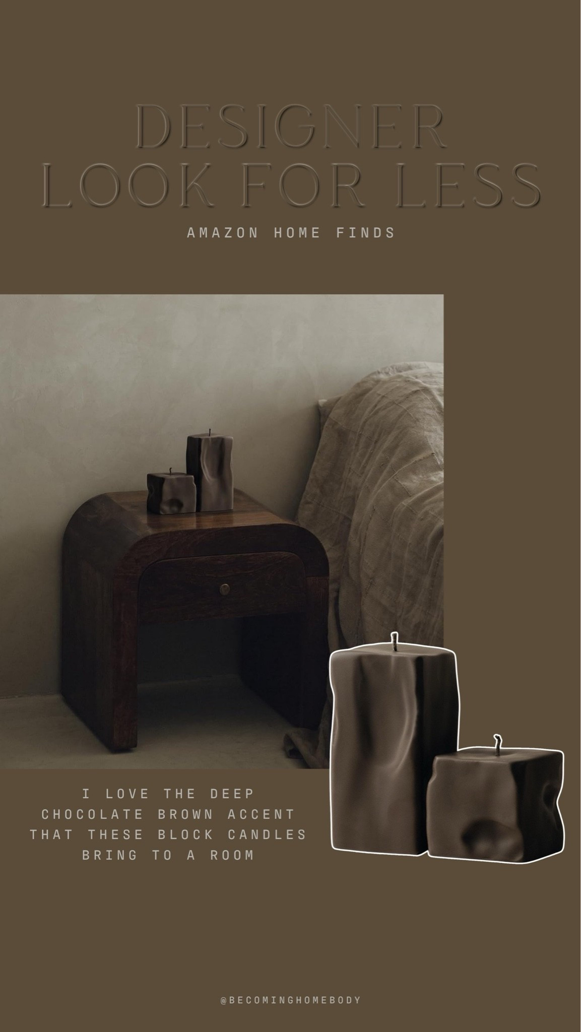 These chocolate brown block candles from Amazon are such a cool find! They’re so elegant, funky, and the perfect statement for a living room or shelf styling. 🕯️ 🤎 Amazon home finds, neutral home decor

#LTKHome