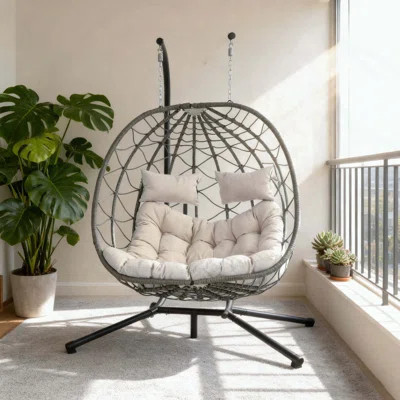 Foldable 2-Person Hanging Egg Chair with Stand, Dark Grey Wicker and Cushion | Wayfair North America