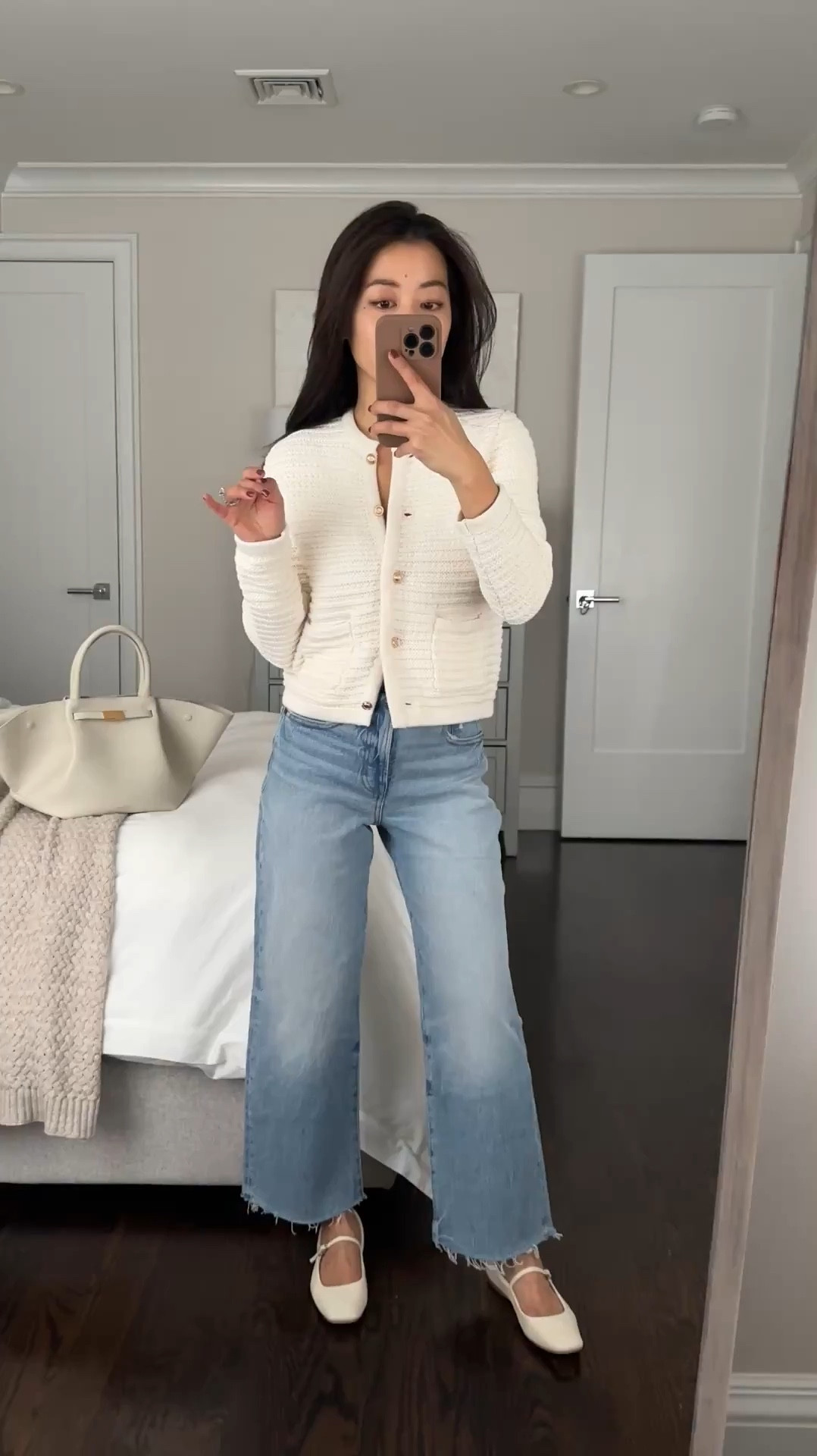 Cotton cardigan jacket has been a best seller, jeans are on sale  

• Nordstrom Textured 100% cotton cardigan xxs - petite friendly though fits me a tad long at the sleeves. Sleeve width is also a slim fit. 

Thicker weight textured cotton can be worn as a light jacket in the spring and fall too

• Madewell perfect vintage wide crop jeans 24 petite . Versatile medium blue. Runs a little big. I apply anti fray on the ends of raw cut denim so they stay the same length

 • Demellier New York bag midi size 

• dolce vita flats 5.5 cream color finally back in stock! No breaking in needed for me last year 

petite friendly spring outfits, Caslon sweaters, classic cardigans, petite jeans#LTKSpringSale 

#LTKFindsUnder100 #LTKPetite