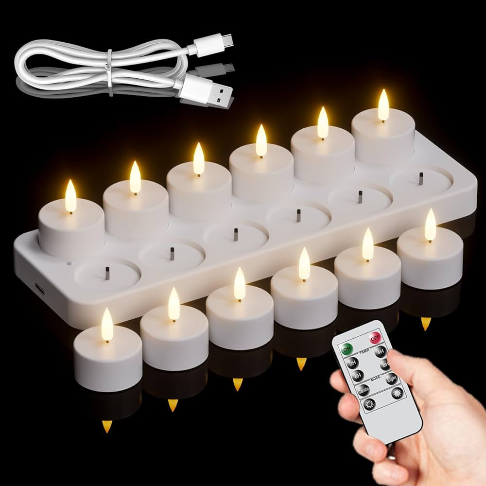 GenSwin 12 Rechargeable Tea Lights Candles with Charging Base and Remote Timer, Flameless LED Tea... | Amazon (US)