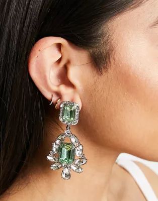 ASOS DESIGN earrings with double drop green crystal in silver tone | ASOS (Global)