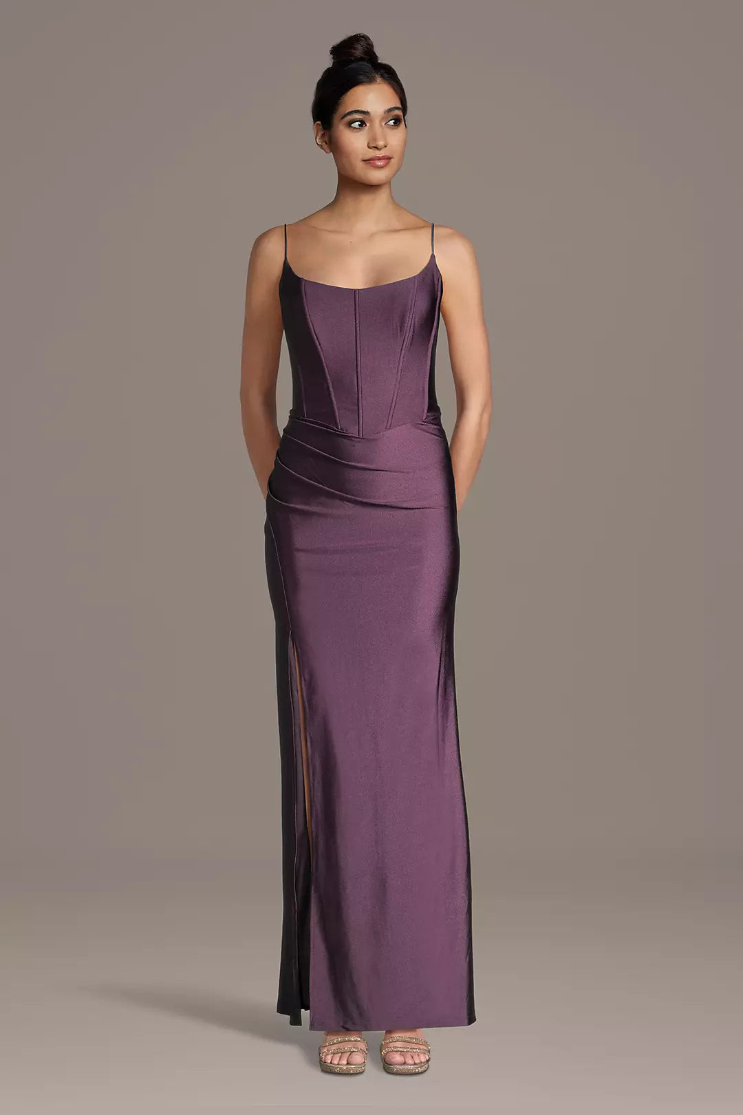 Stretch Satin Basque Waist Corset Sheath Dress | David's Bridal