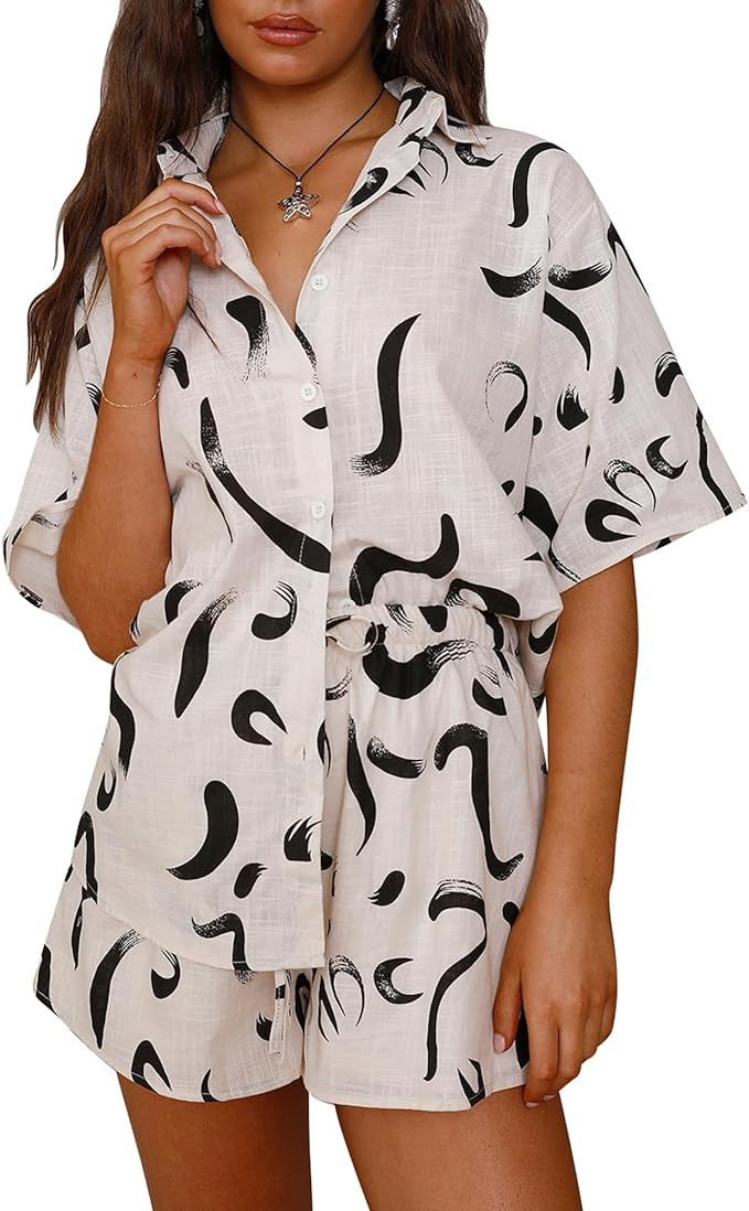 PRETTYGARDEN 2 Piece Sets for Women Summer Clothes 2026 Printed Button Down Shirts Tops Lounge Sh... | Amazon (US)