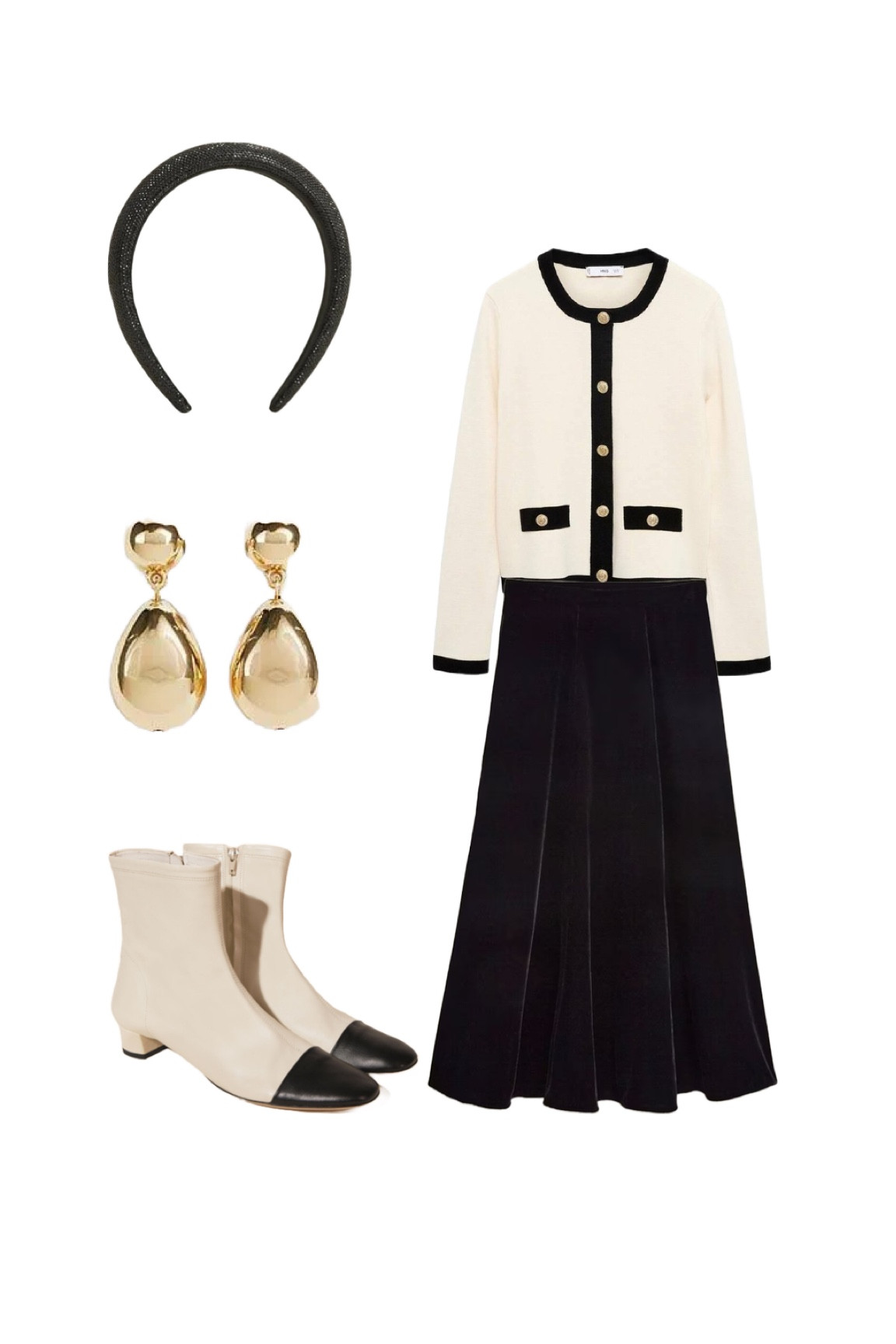 Monochrome sophistication with the bargain Mango ‘Pia’ contrast knit ivory and black cardigan / knitted lady jacket (it’s selling fast!!) partnered with the Hobbs Limited Edition ‘Charteris’ Black Velvet Skirt and sparkle headband, finished with LK Bennett Tilly gold drop earrings and Rixo two tone ankle boots which I pre-ordered  I love them so much & I rarely pre-order! You’ll notice that I’ve posted about the skirt, boots and earrings before to give you plenty of styling ideas if you’re investing in these beautiful pieces💡 

#LTKeurope #LTKautumn #LTKuk