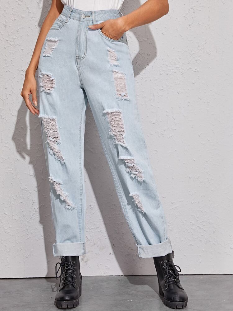 Light Wash High-Waisted Baggy Mom Jeans Without Belt | SHEIN