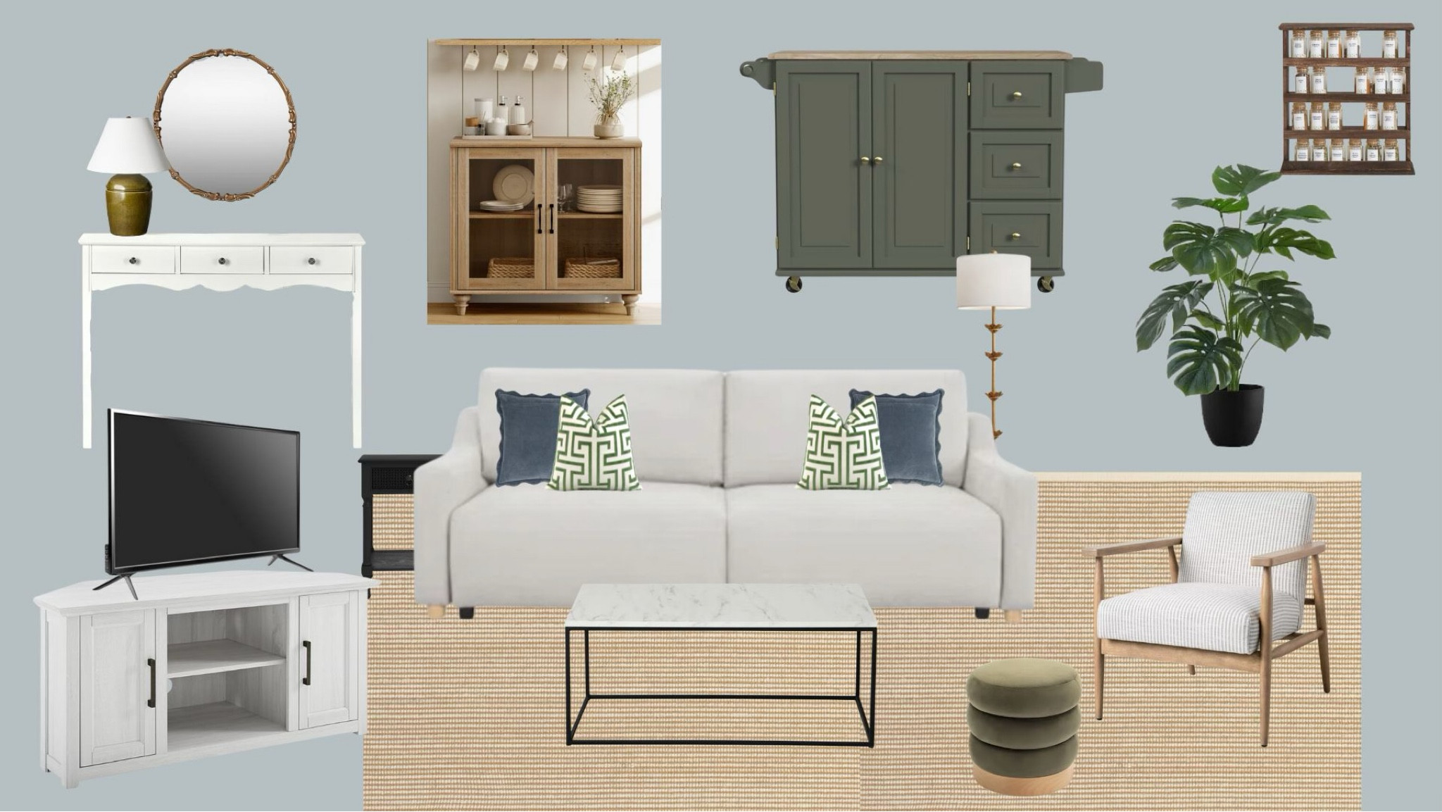 Coastal living room makeover! 

Sleeper sofa, accent chair, floor lamp, console table, mirror, entertainment stand, coffee table, ottoman, coffee bar, jute rug 

#LTKHome #LTKStyleTip