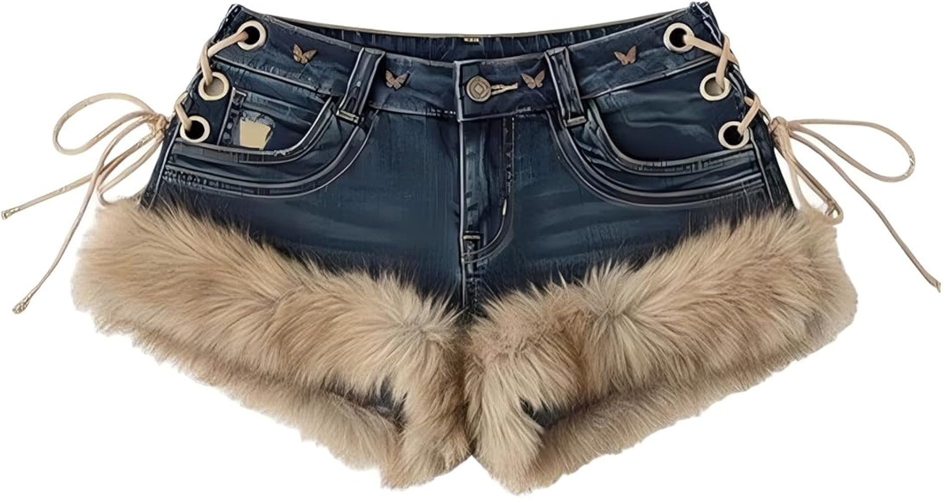 Lunoakvo Women Retro Denim Shorts Y2K Low Waist Lace Up Fur Splicing Jean Shorts with Pockets | Amazon (US)