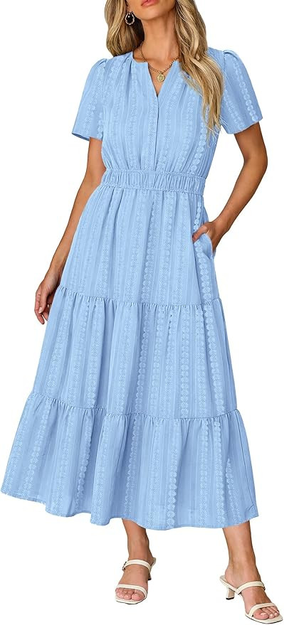 RUMIA Women Casual Midi Maxi Dresses Short Sleeve V Neck Elastic Waist Vacation Dress Pockets（S... | Amazon (US)