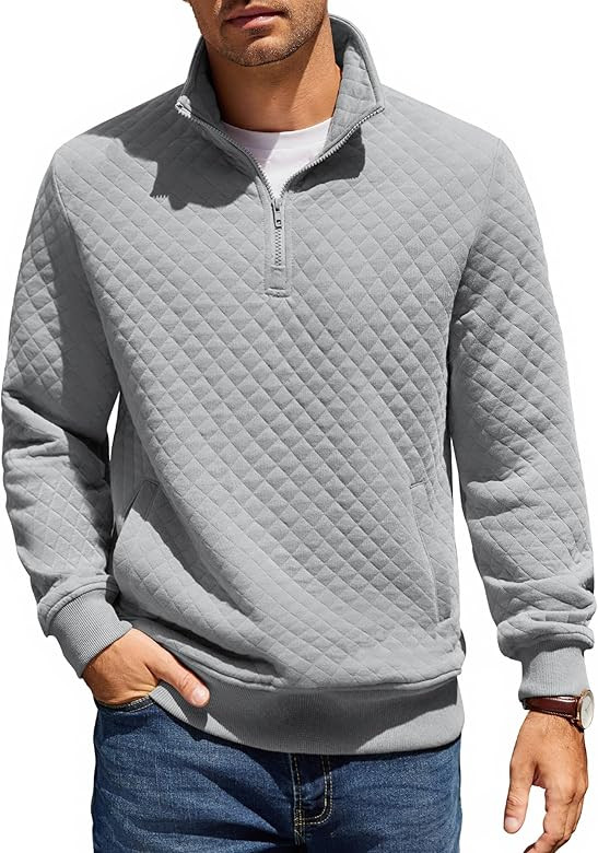 COOFANDY Mens Quarter Zip Pullover Quilted Sweatshirt Knit Long Sleeve Mock Neck Sweater Polo wit... | Amazon (US)