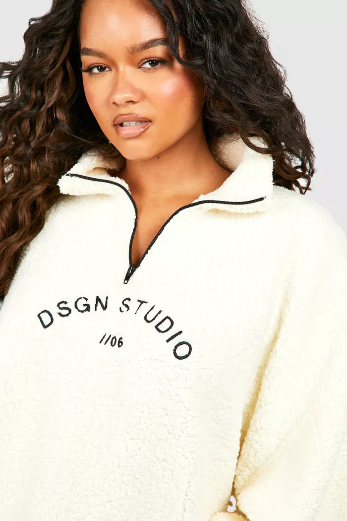 Plus Premium Borg Dsgn Half Zip Sweatshirt | boohoo (US & Canada)