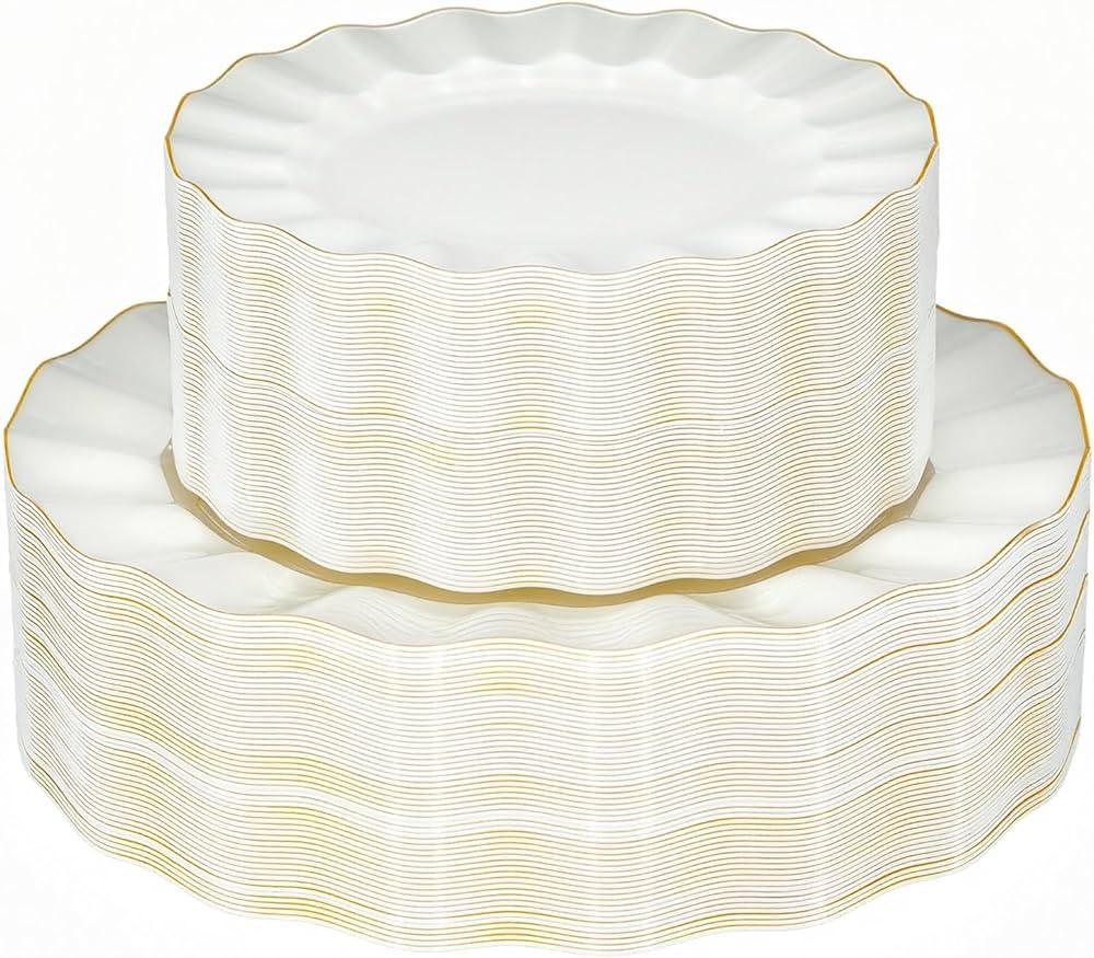 120PCS Ivory White Plastic Plates, Heavy Duty Disposable Party Plate with Gold Rim, Fancy 60 Dinn... | Amazon (US)