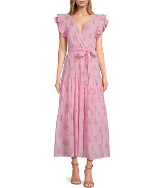 Floral Metallic Striped Print Surplice V-Neck Short Ruffled Sleeve Tiered Maxi Dress | Dillard's