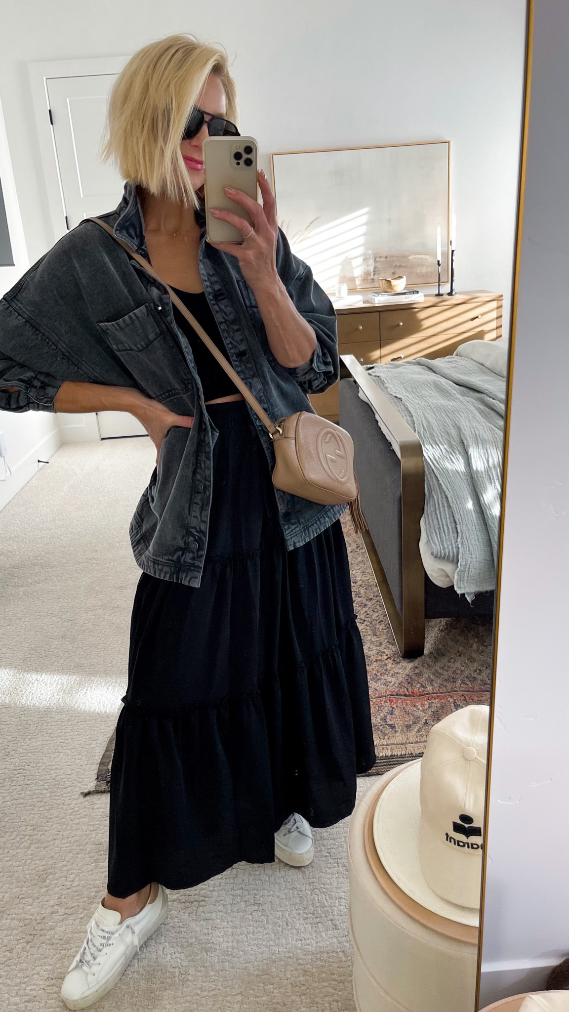 Casual date night! 
Amazon black maxi skirt, my favorite ribbed tank and black denim shirt jacket. 