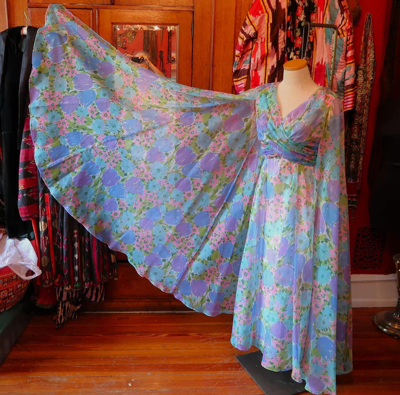 Rare Showstopping 70s Sheer Floral Print Sleeveless Layered Long Dress W/huge Attached Full Lengt... | Etsy (US)