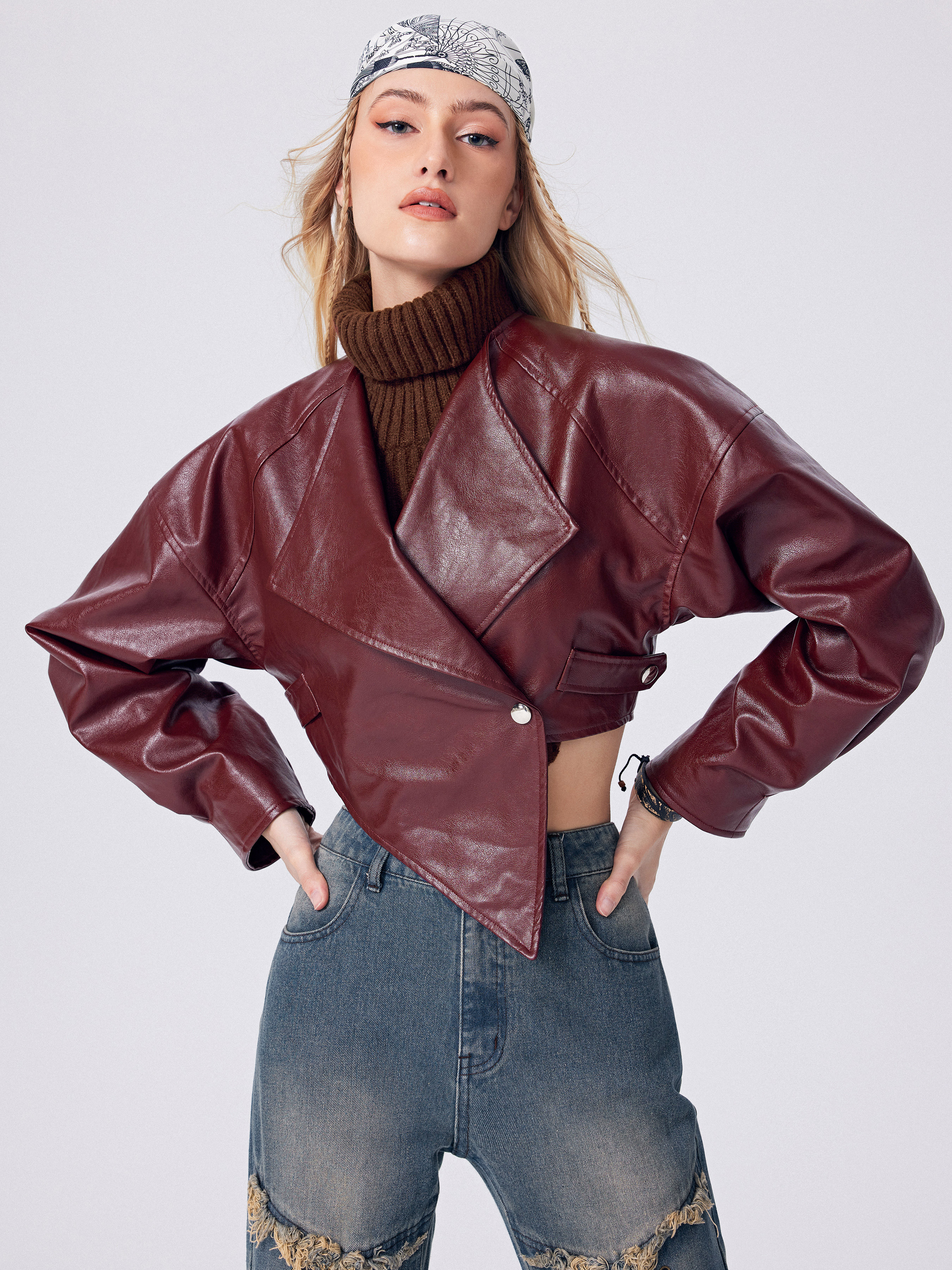 Faux Leather Solid Faux Leather Button Up Asymmetrical Crop Jacket For Exhibition | Cider