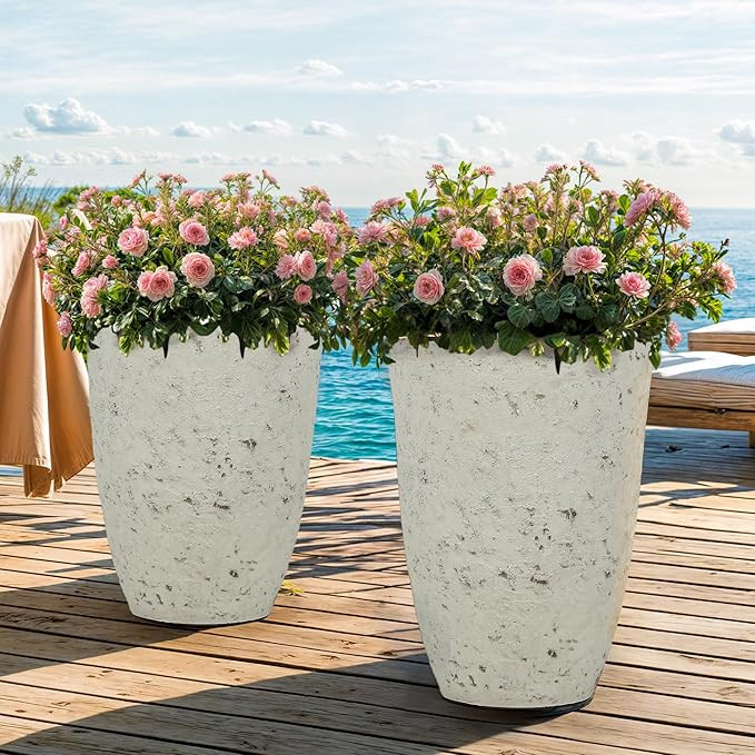 19.5" Resin Tall Planters for Outdoor Plants, Set of 2 Country White Large Flower Pots with Handm... | Amazon (US)