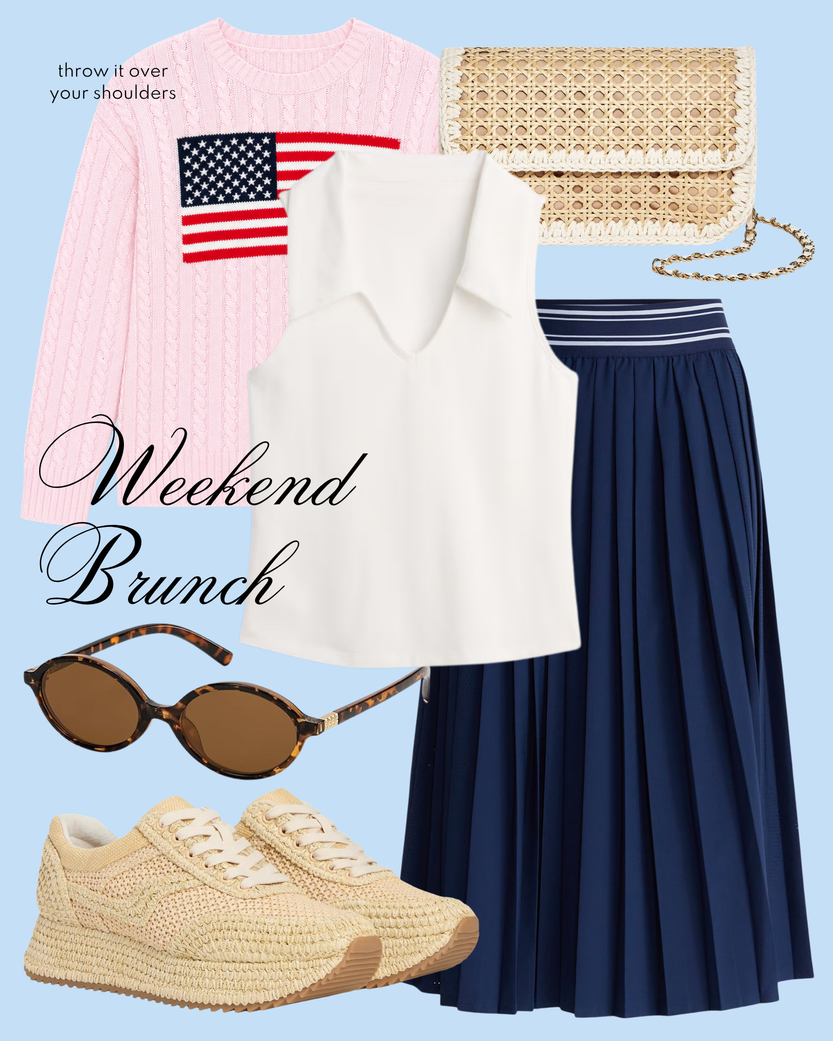 Weekend brunch, but make it effortlessly polished ☕️🤍 A classic, put-together look with a little Americana twist—perfect for slow mornings, patio brunch, and strolling after. Don’t forget to throw the sweater over your shoulders ✨ 

weekend brunch outfit, brunch outfit ideas, casual chic outfit, polished casual style, effortless style outfit, preppy brunch outfit, coastal brunch outfit, americana outfit women, red white and blue outfit, classic feminine outfit, timeless style outfit, elevated basics outfit, capsule wardrobe outfit, mix and match outfit, navy skirt outfit, pleated skirt outfit, midi skirt outfit, white blouse outfit, sleeveless blouse outfit, summer to fall transition outfit, lightweight sweater outfit, sweater over shoulders style, preppy styling tips, chic accessories outfit, woven clutch outfit, straw bag outfit, neutral sneakers outfit, casual sneaker outfit, comfortable chic outfit, everyday outfit inspiration, vacation brunch outfit, patio brunch outfit, coffee date outfit, feminine outfit ideas, flattering silhouettes, classic color palette outfit, coastal grandmother style, nantucket style outfit, hamptons style outfit, effortless summer style, chic on a budget, ltk fashion finds, aesthetic outfits 

 #LTKootd
