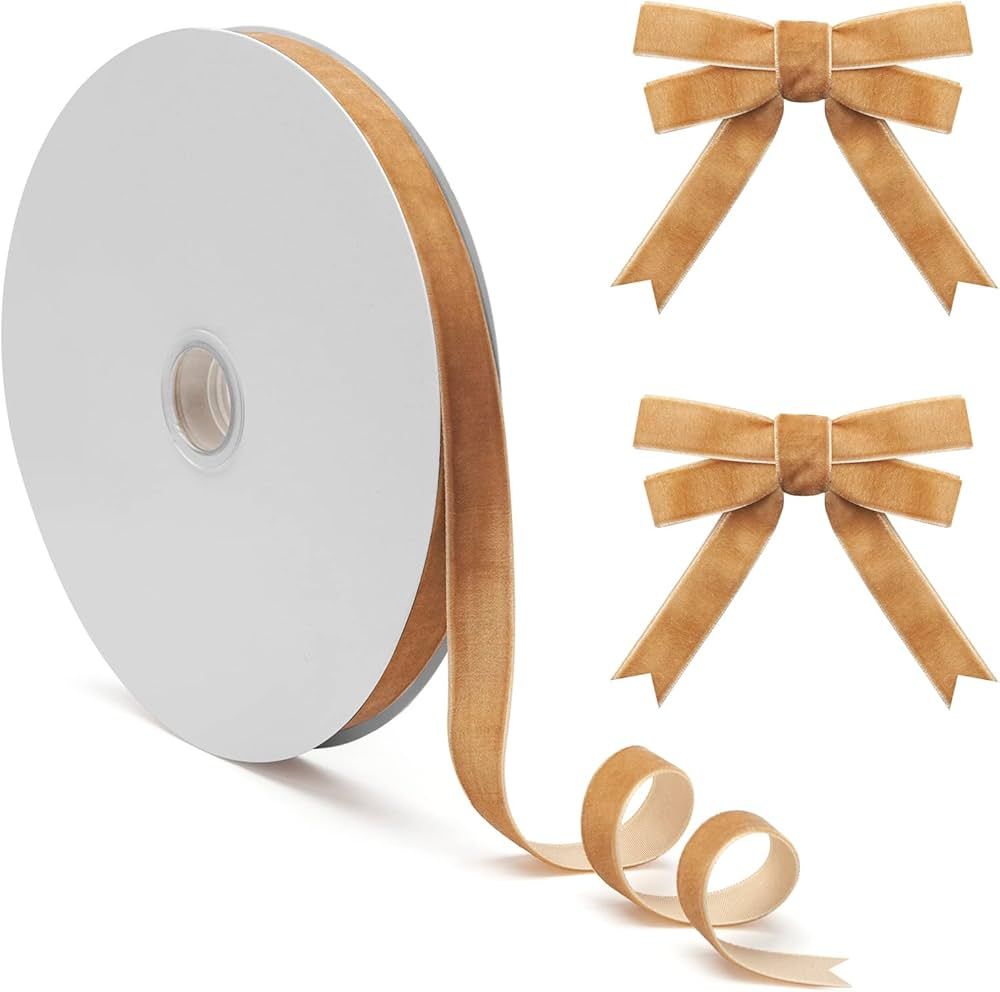 Khaki Velvet Ribbon 5/8 Inch× 25Yd, Single Face Vintage Thin Beige Velvet Ribbon for Gift Wrappi... | Amazon (US)