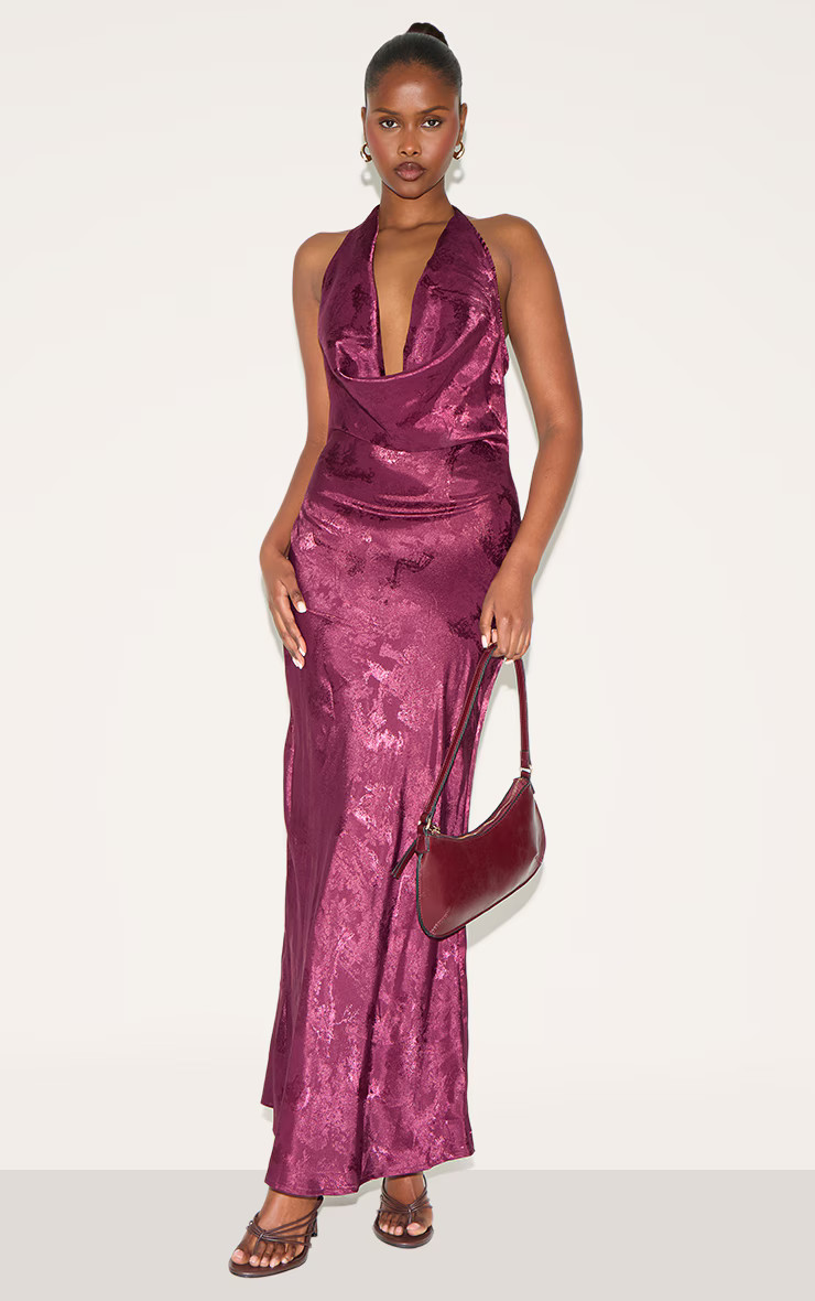 Wine Satin Extreme Cowl Neck Maxi Dress | PrettyLittleThing US