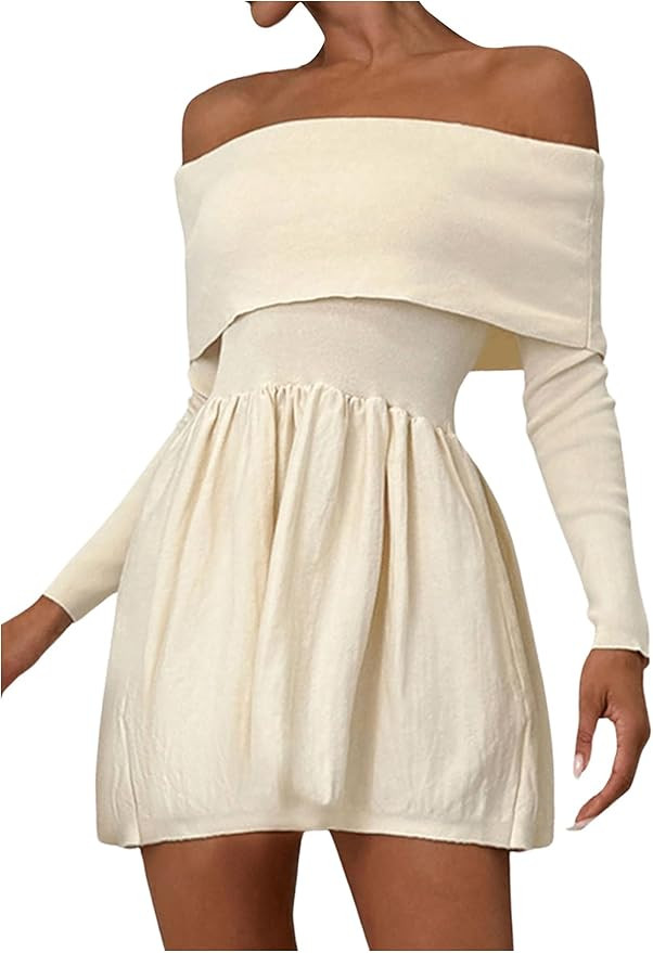 SOLY HUX Women's Off The Shoulder Sweater Dress Long Sleeve A Line Ruffle Hem Knit Mini Dresses | Amazon (US)