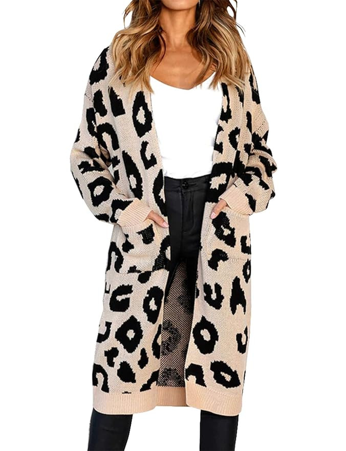 Relipop Women's Overcoat Leopard Long Sleeve Knitted Sweater Long Cardigan Outwear | Amazon (US)