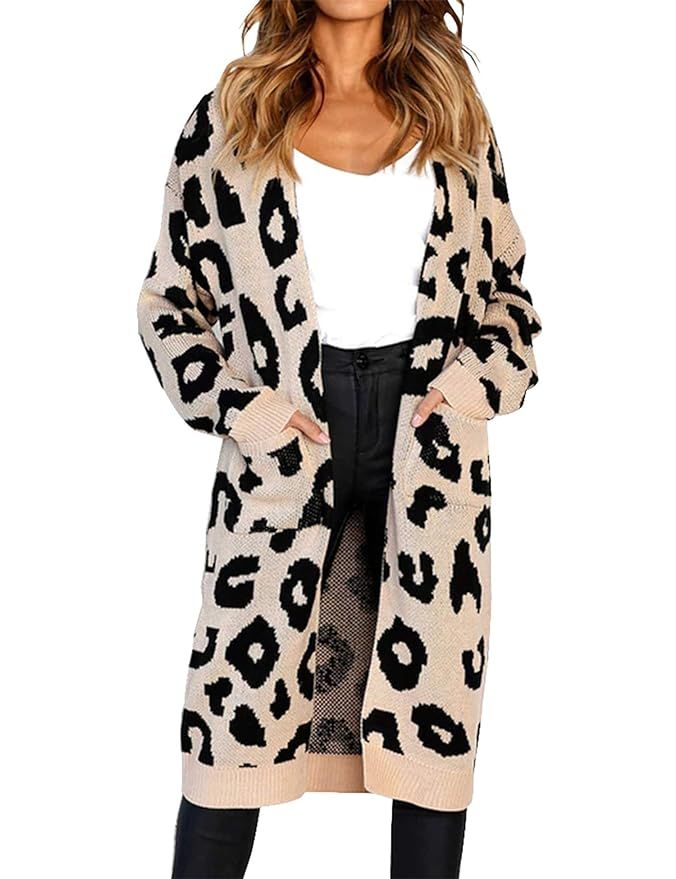 Relipop Women's Overcoat Leopard Long Sleeve Knitted Sweater Long Cardigan Outwear | Amazon (US)