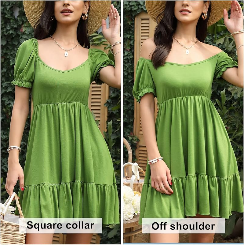 EXLURA Womens Off Shoulder T-Shirt Dress Sweetheart Neckline Short Puff Sleeve Backless Tie Back Ska | Amazon (US)