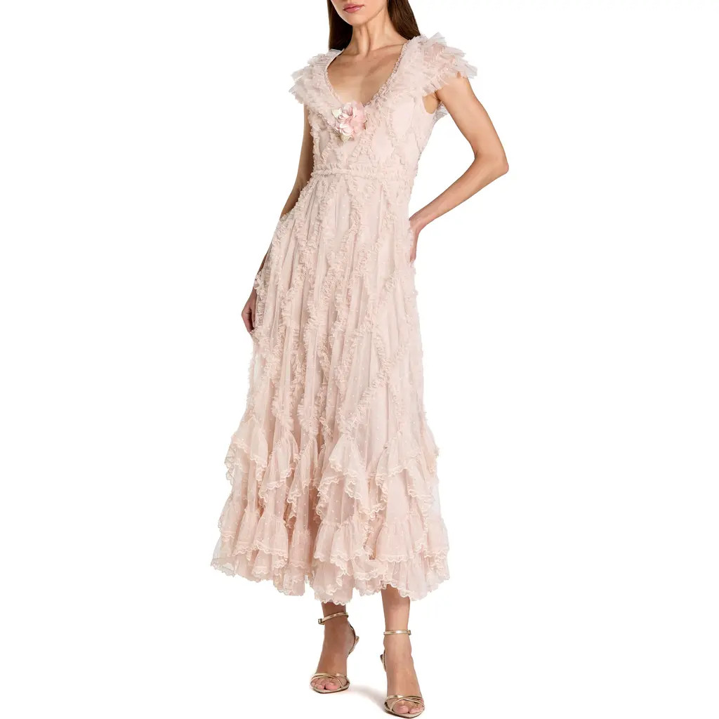 Mac Duggal Petite Micro Ruffle Cap Sleeve A-Line Midi Dress in Blush at Nordstrom, Size 8 | Nordstrom