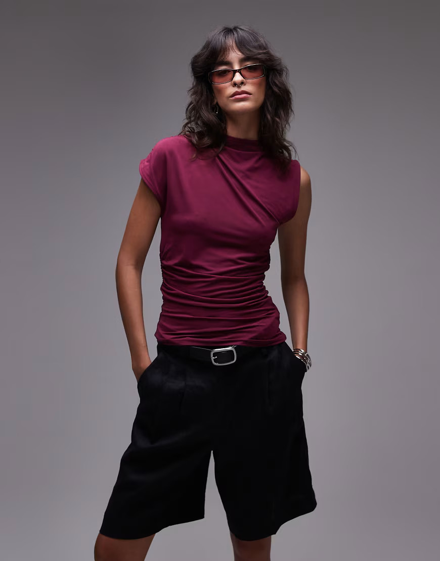 Topshop high neck asymmetric ruched side tank in burgundy-Red | ASOS (Global)