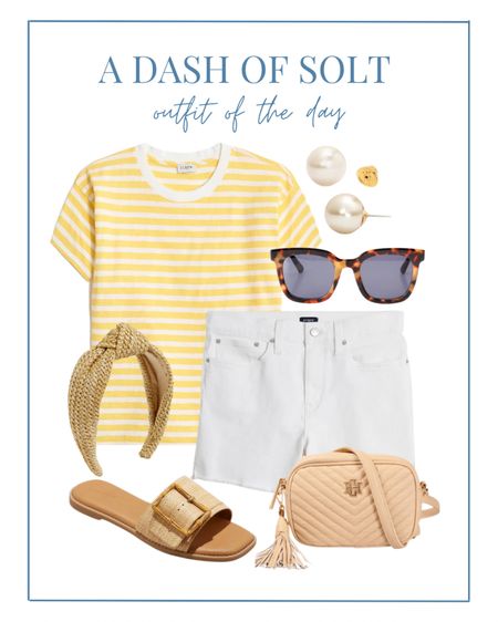Cute summer outfit of the day! A classic striped tee in bright yellow and white denim shorts is always a winning combination. Sprinkle in some rattan and woven accessories, tortoise sunglasses and pearls and you are effortlessly put together. 💛🤍


Preppy style, preppy, summer style, mom style, summer outfit, stripes, white denim, denim shorts, sandals, rattan, coastal style, coastal grandmother, headband, sunglasses, pearls, classic style, J. Crew, J.Crew Factory 

#LTKSeasonal #LTKstyletip #LTKunder100